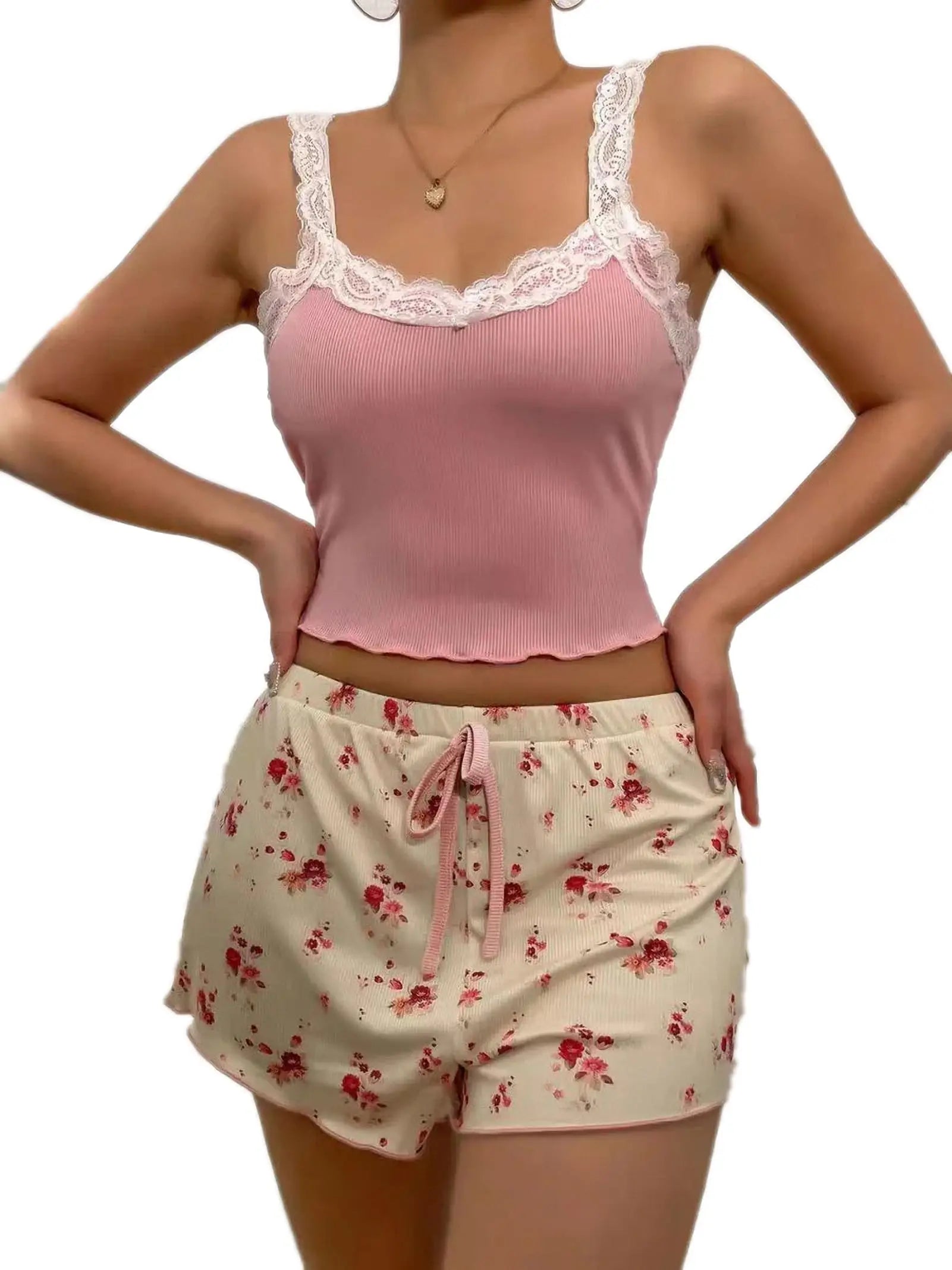 Ensemble pyjama femme, patchwork dentelle, col en V, nuisette sexy, débardeur caraco et short imprimé, pyjama doux, vêtement d'intérieur