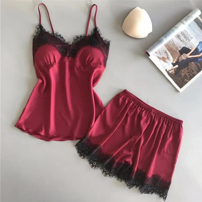 Women Pyjamas Suit Fashion V-Neck Lace Sexy Lingerie Sleep Shorts Set Sleepwear New