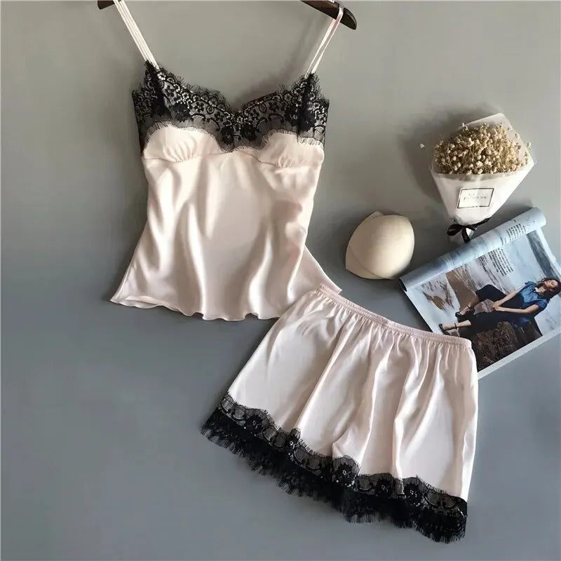 Women Pyjamas Suit Fashion V-Neck Lace Sexy Lingerie Sleep Shorts Set Sleepwear New