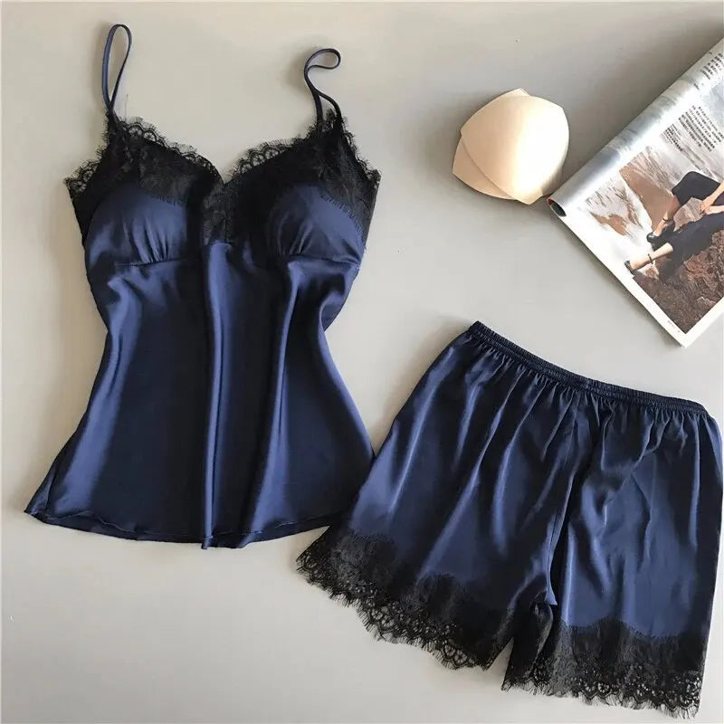 Women Pyjamas Suit Fashion V-Neck Lace Sexy Lingerie Sleep Shorts Set Sleepwear New