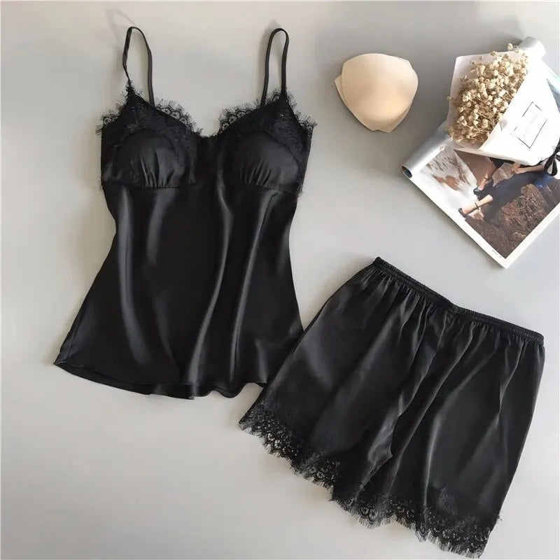 Women Pyjamas Suit Fashion V-Neck Lace Sexy Lingerie Sleep Shorts Set Sleepwear New