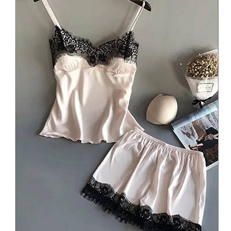 Women Pyjamas Suit Fashion V-Neck Lace Sexy Lingerie Sleep Shorts Set Sleepwear New