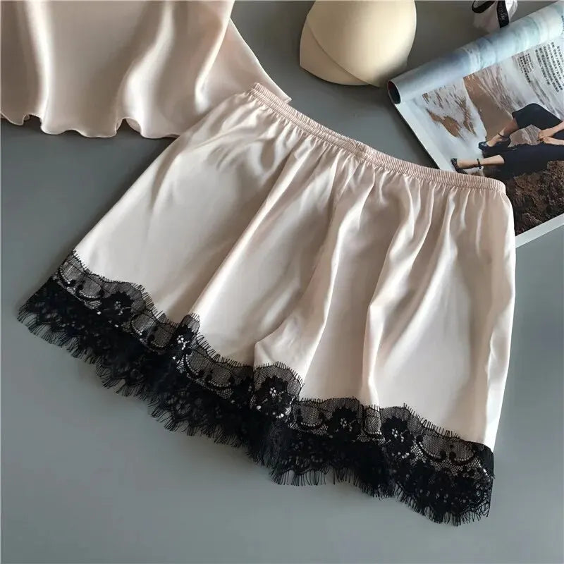 Women Pyjamas Suit Fashion V-Neck Lace Sexy Lingerie Sleep Shorts Set Sleepwear New