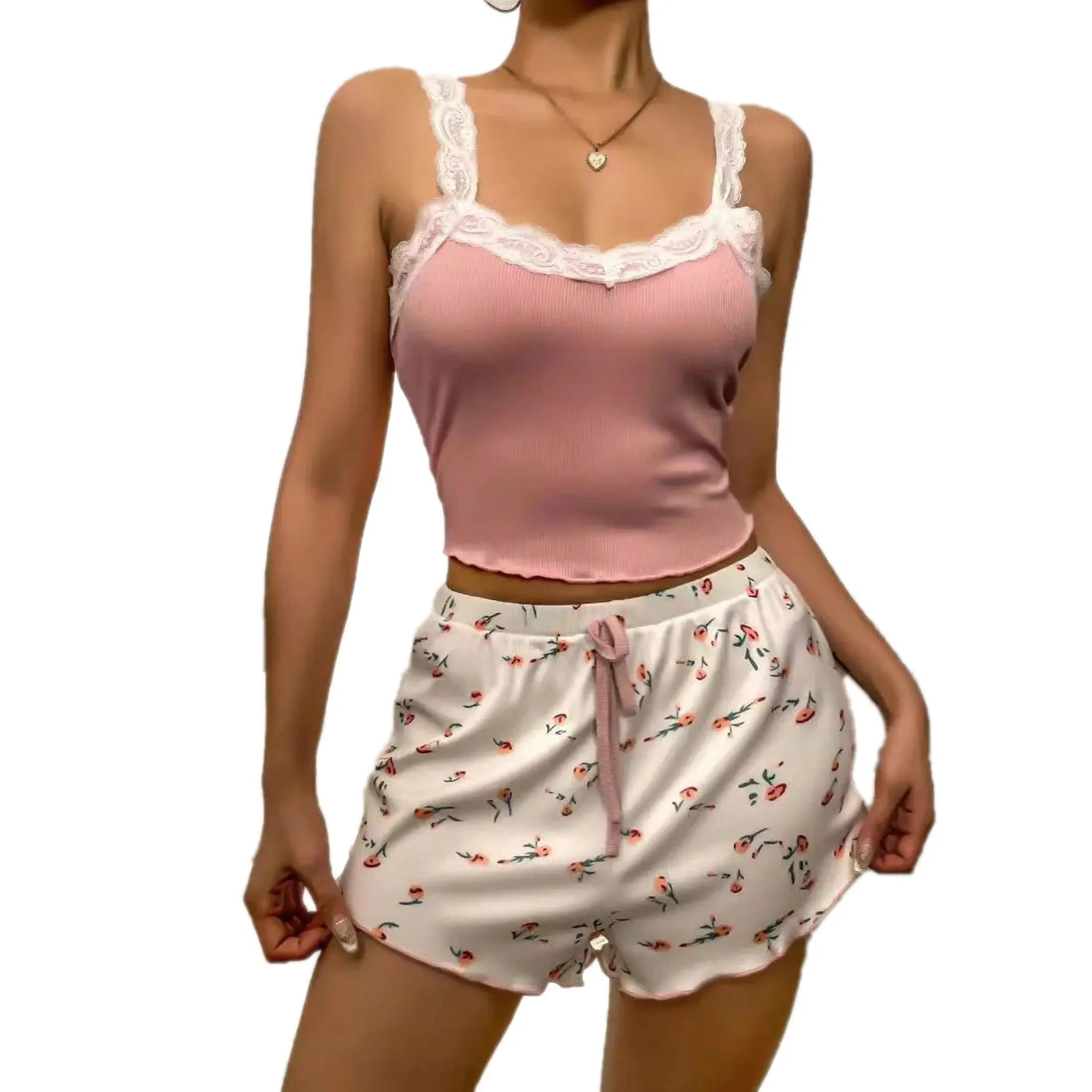 Ensemble pyjama femme, patchwork dentelle, col en V, nuisette sexy, débardeur caraco et short imprimé, pyjama doux, vêtement d'intérieur